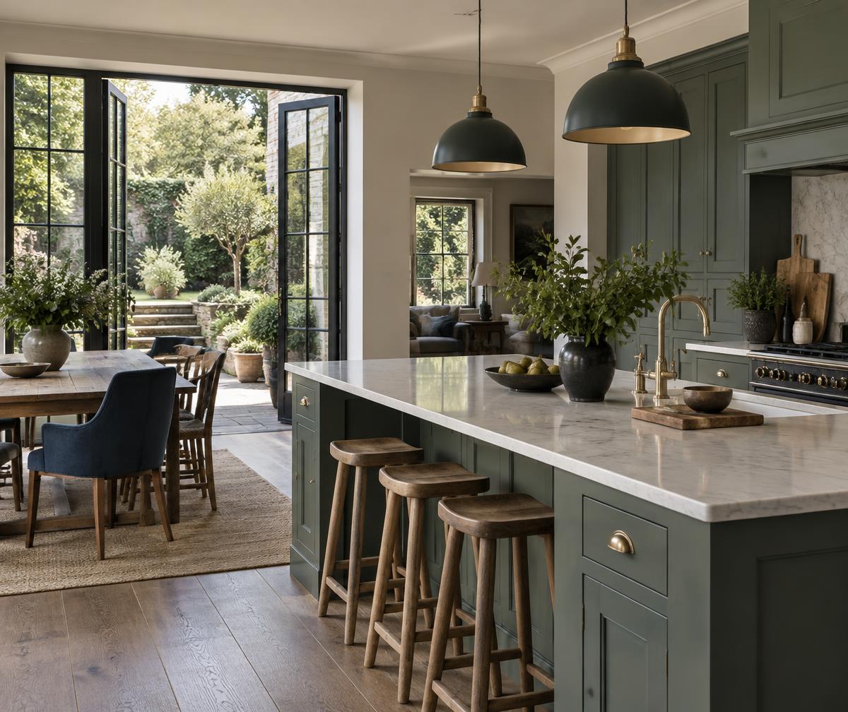 Thoughtfully maintained home with a green kitchen and garden view